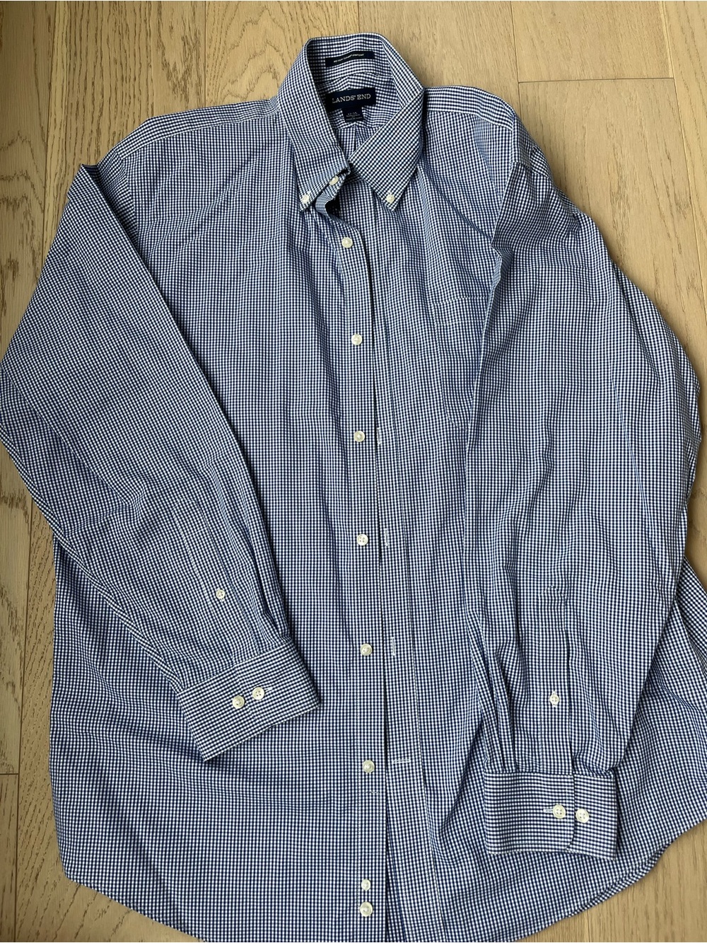 Lands' End Men's Navy and White Gingham Button-Down Shirt